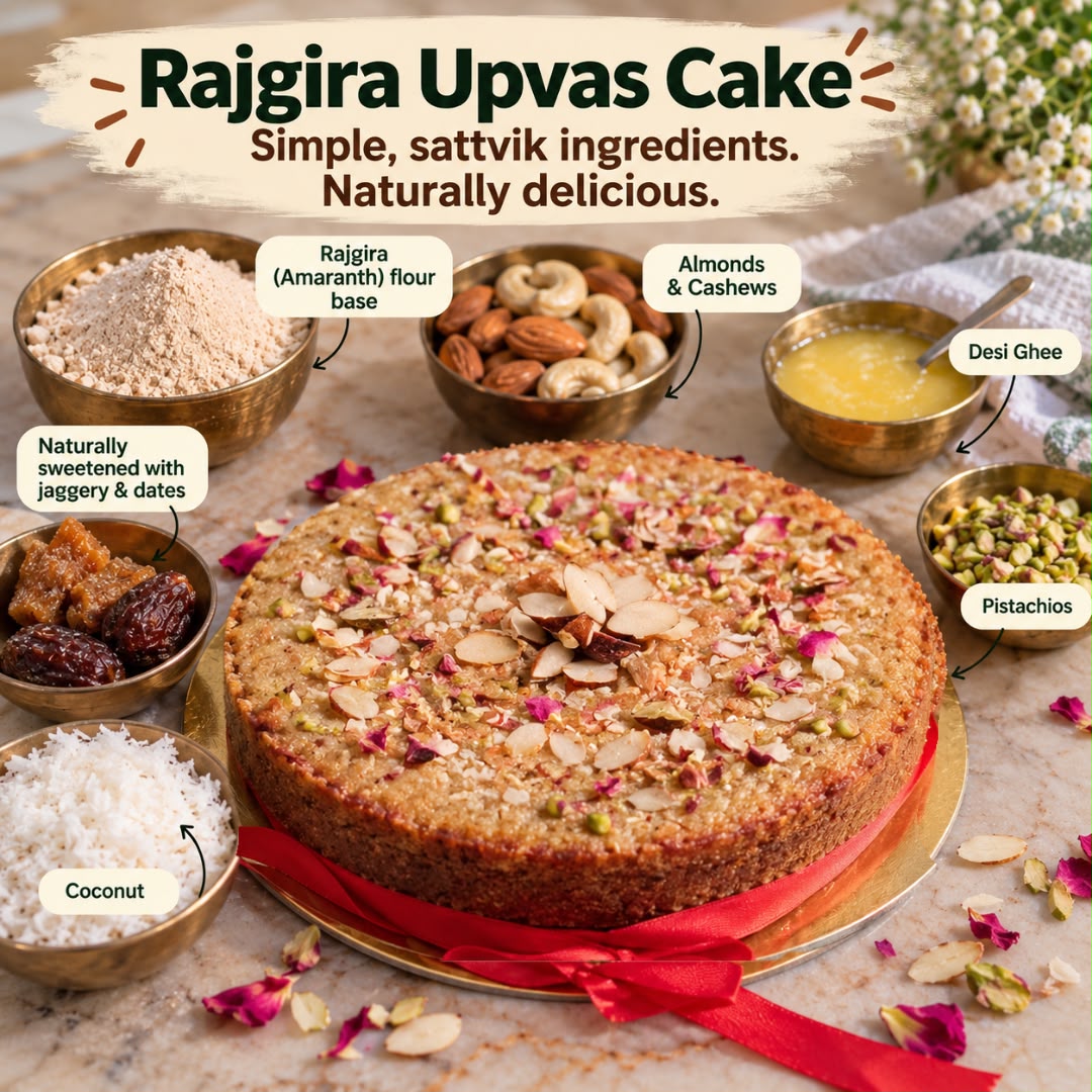 Rajgira Upvas Cake ingredients: rajgira flour, nuts, ghee, coconut - BakePure Upvas