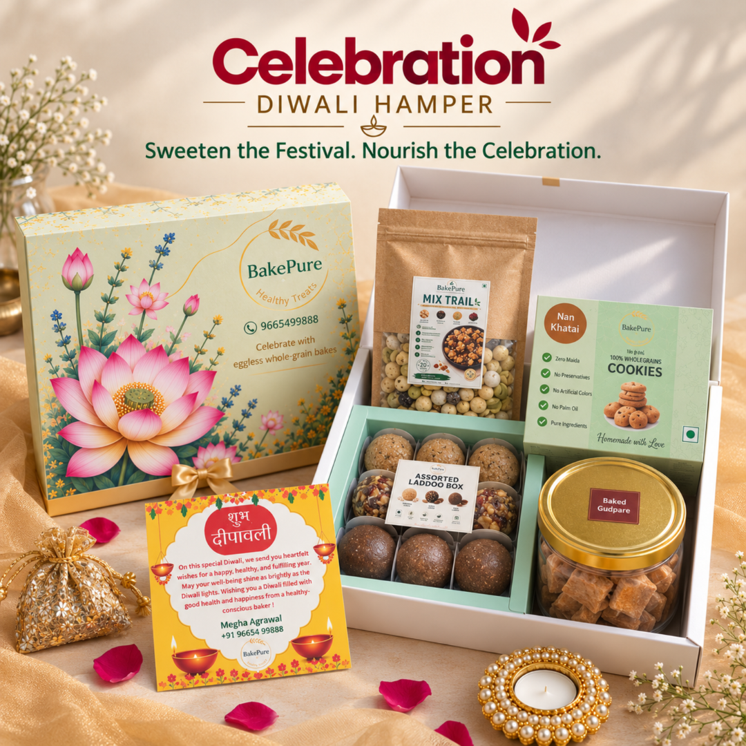 Diwali Celebration Hamper with Ladoo box, Gudpare, Nankhatai, Mix Trail and a Diwali card - BakePure Diwali