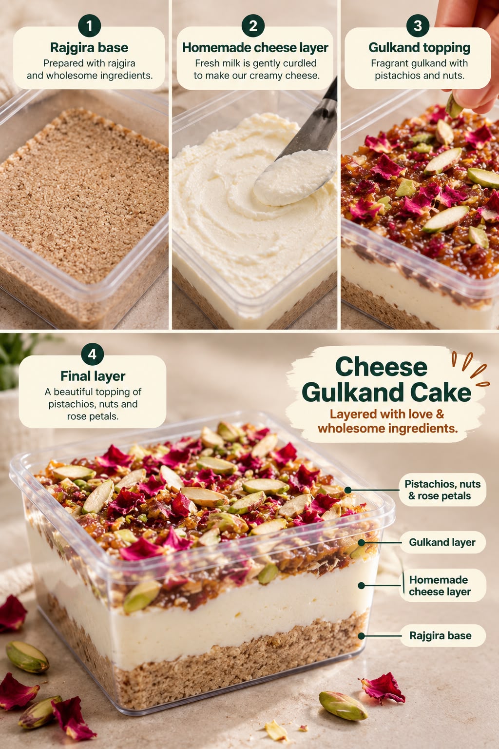 Cheese Gulkand Cake layers: rajgira base, homemade cheese, gulkand, nut topping - BakePure Upvas