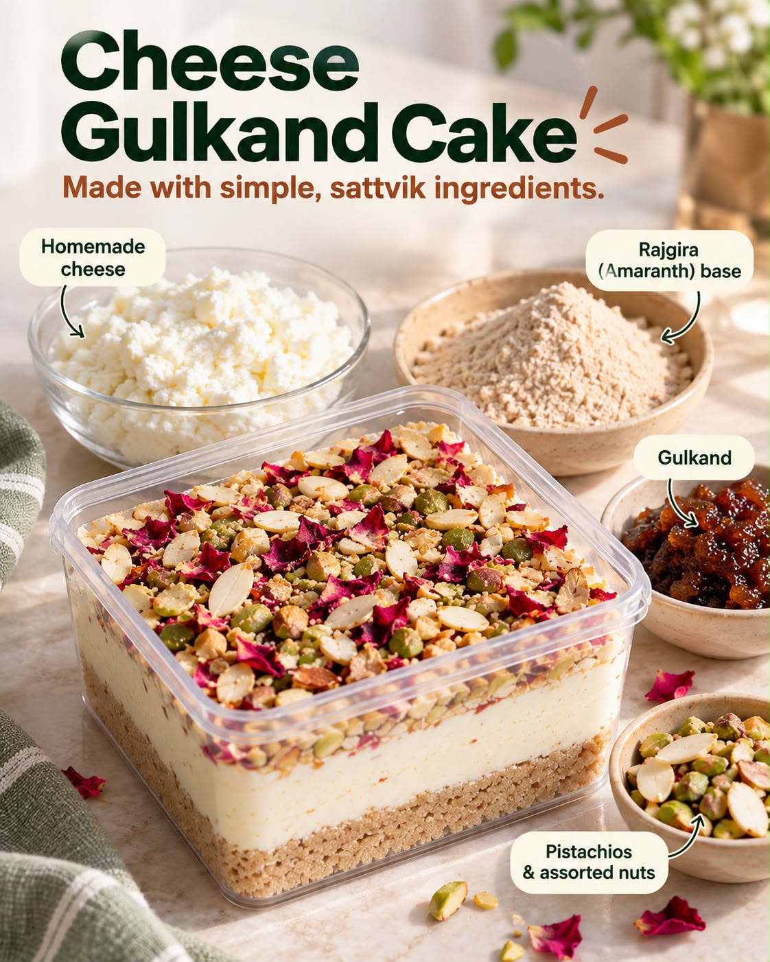 Cheese Gulkand Cake ingredients: homemade cheese, rajgira base, gulkand, pistachios - BakePure Upvas