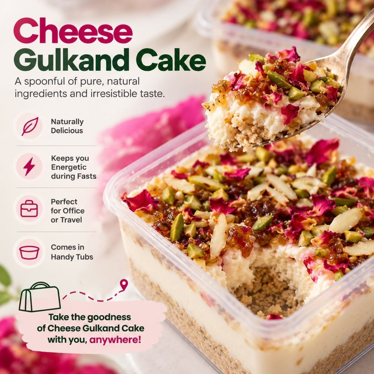 Cheese Gulkand Cake Tub with rose petals, pistachios and nuts - BakePure Upvas