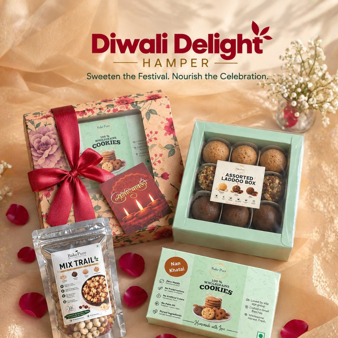 Diwali Delight Hamper with assorted Ladoos, Nan Khatai, Mix Trail and a Diwali card - BakePure Diwali