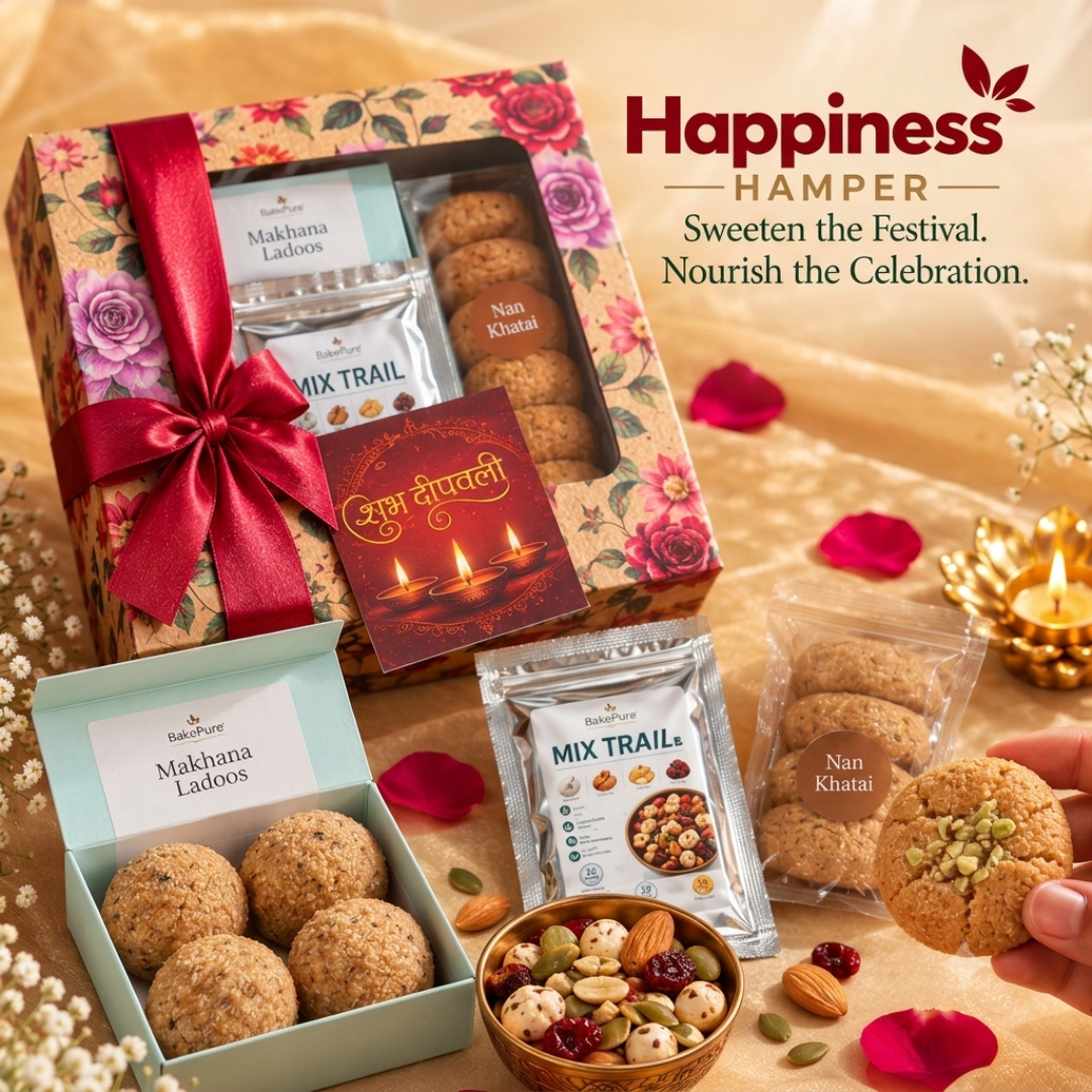 Diwali Happiness Hamper with Makhana Ladoos, Mix Trail, Nan Khatai and a Diwali card - BakePure Diwali