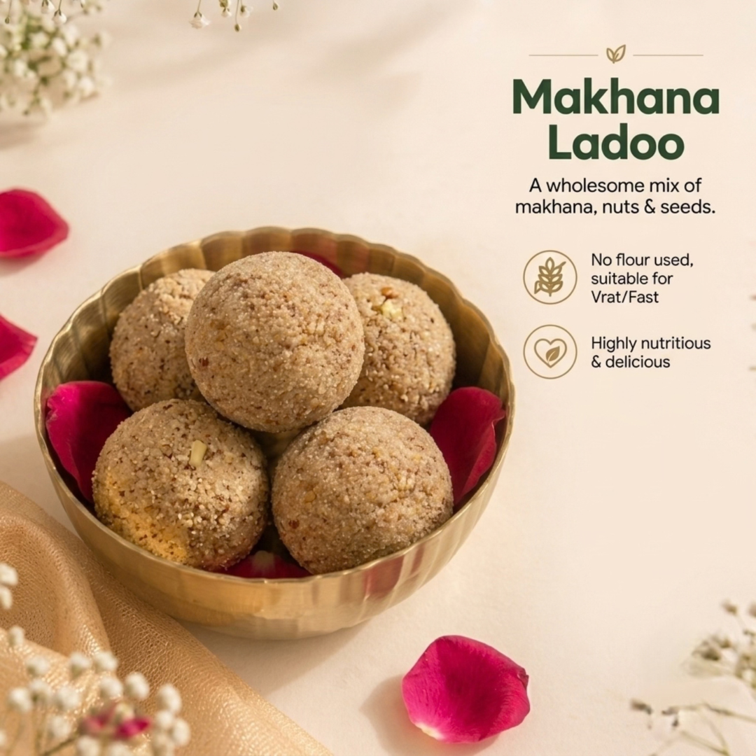 Makhana Ladoos in a brass bowl - BakePure Diwali