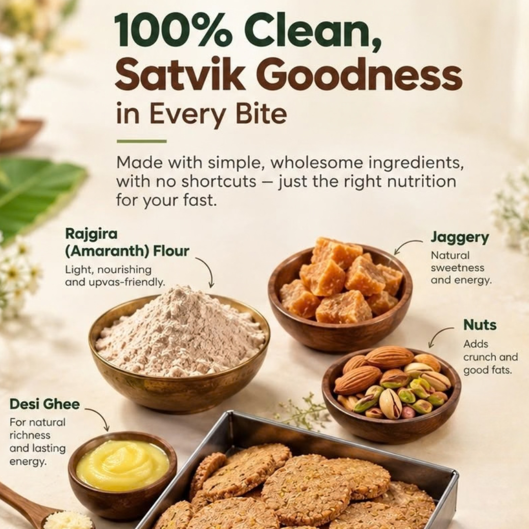 Rajgira Cookies ingredients: rajgira flour, jaggery, nuts, desi ghee - BakePure Upvas